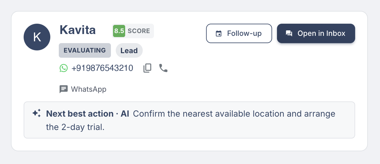 Fassix Leads CRM — a lead profile with score, stage and next best action
